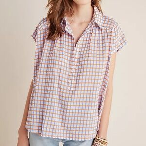 Anthropologie Pilcro The Serena Sz S Surf Plaid Cotton Button Front Blouse